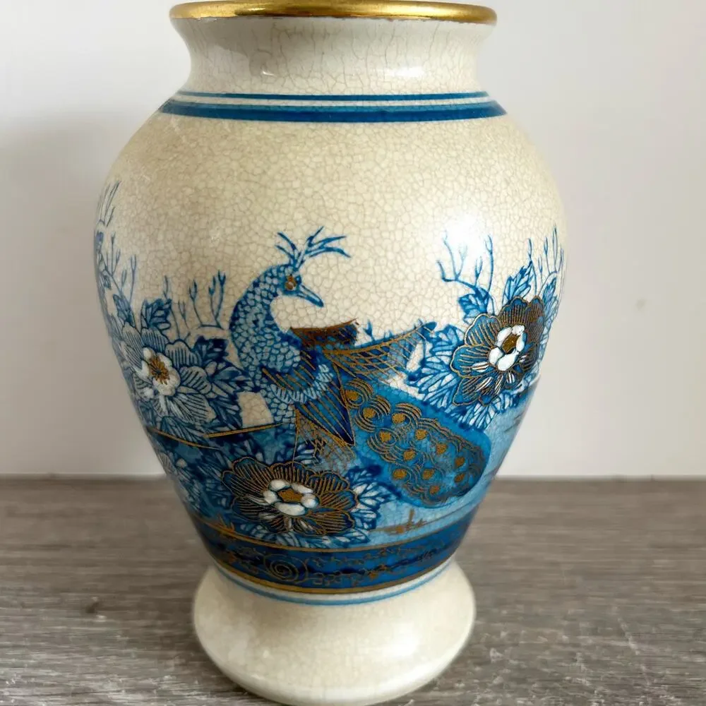 VNTG Japanese Blue/Gold Crackle Finish Porcelain Vase w/ Peacock & Sakura Design